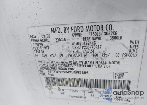 2009 Ford F-150 Stx/Xl/Xlt from USA, damaged, VIN 1FTRF12W49KB98886